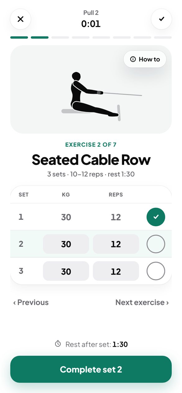 A workout in progress with sets, weights and reps