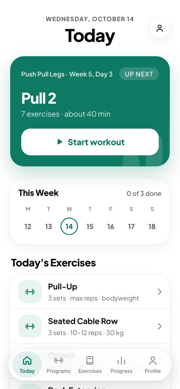The Today screen with this week's workout